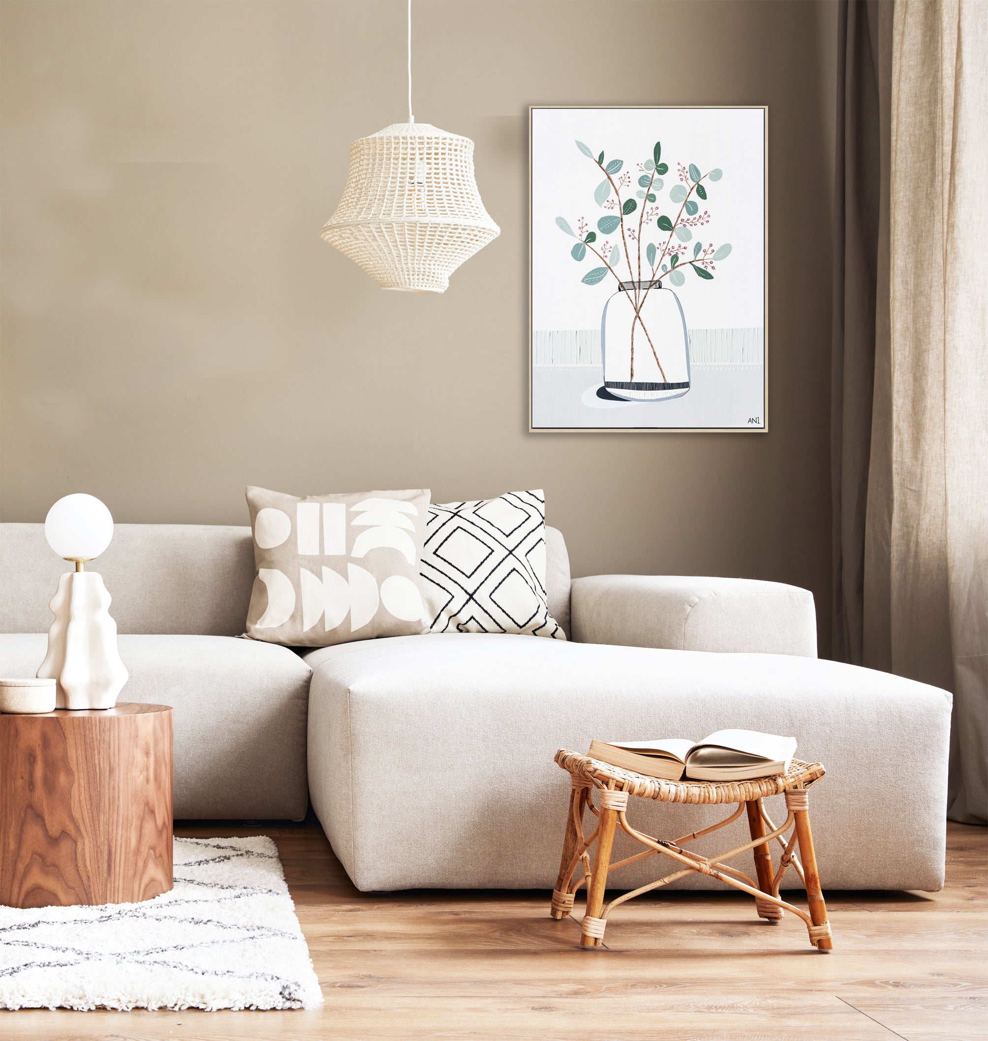 "Eye of Eucalyptus" – Original abstract floral painting by Australian artist Ani Ipradjian, blending Eucalyptus gunnii and cotoneaster berries with symbolic ‘evil eye’ protection in a textured, nature-inspired design.