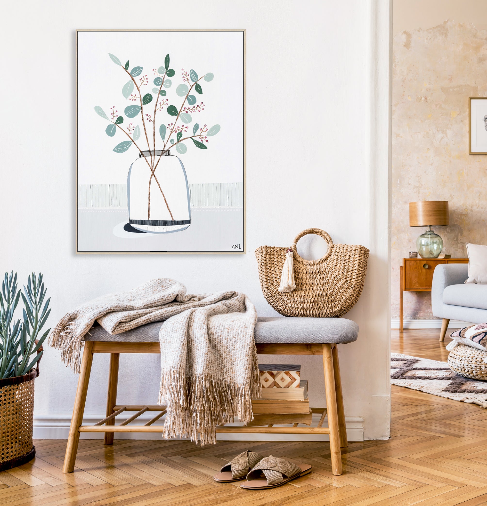 "Eye of Eucalyptus" – Original abstract floral painting by Australian artist Ani Ipradjian, blending Eucalyptus gunnii and cotoneaster berries with symbolic ‘evil eye’ protection in a textured, nature-inspired design.