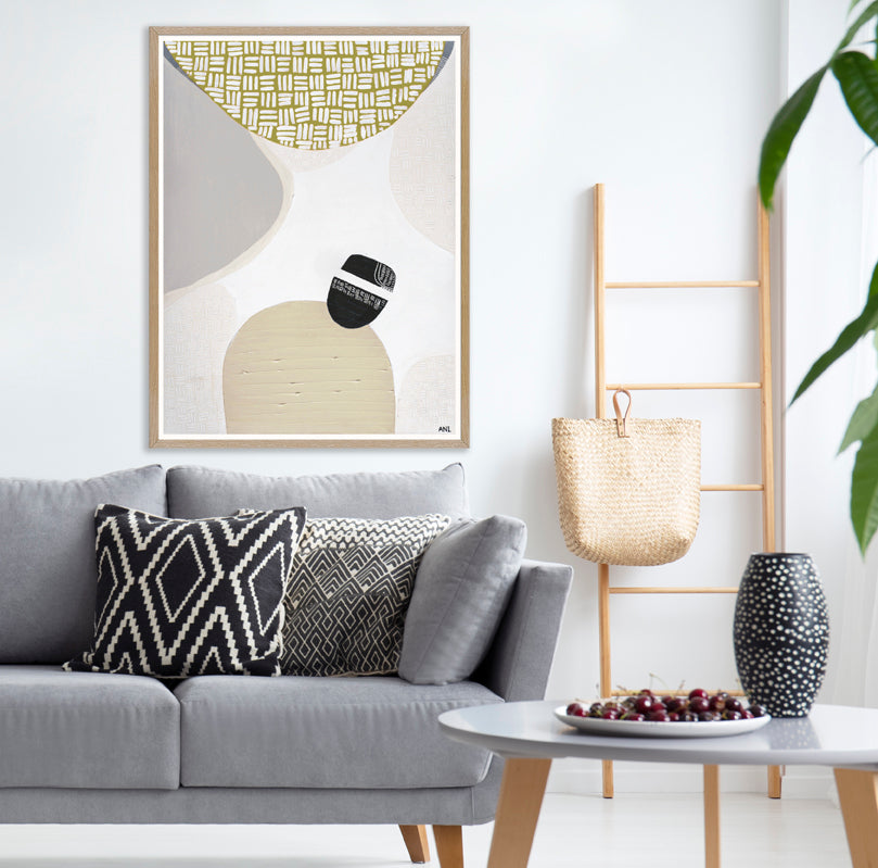 "Golden Outback 2" – Original abstract Australian landscape painting by Ani Ipradjian, featuring mustard and grey tones symbolising the outback, climate, and coastal wildlife, inspired by Australia’s rich natural and gold prospecting heritage.