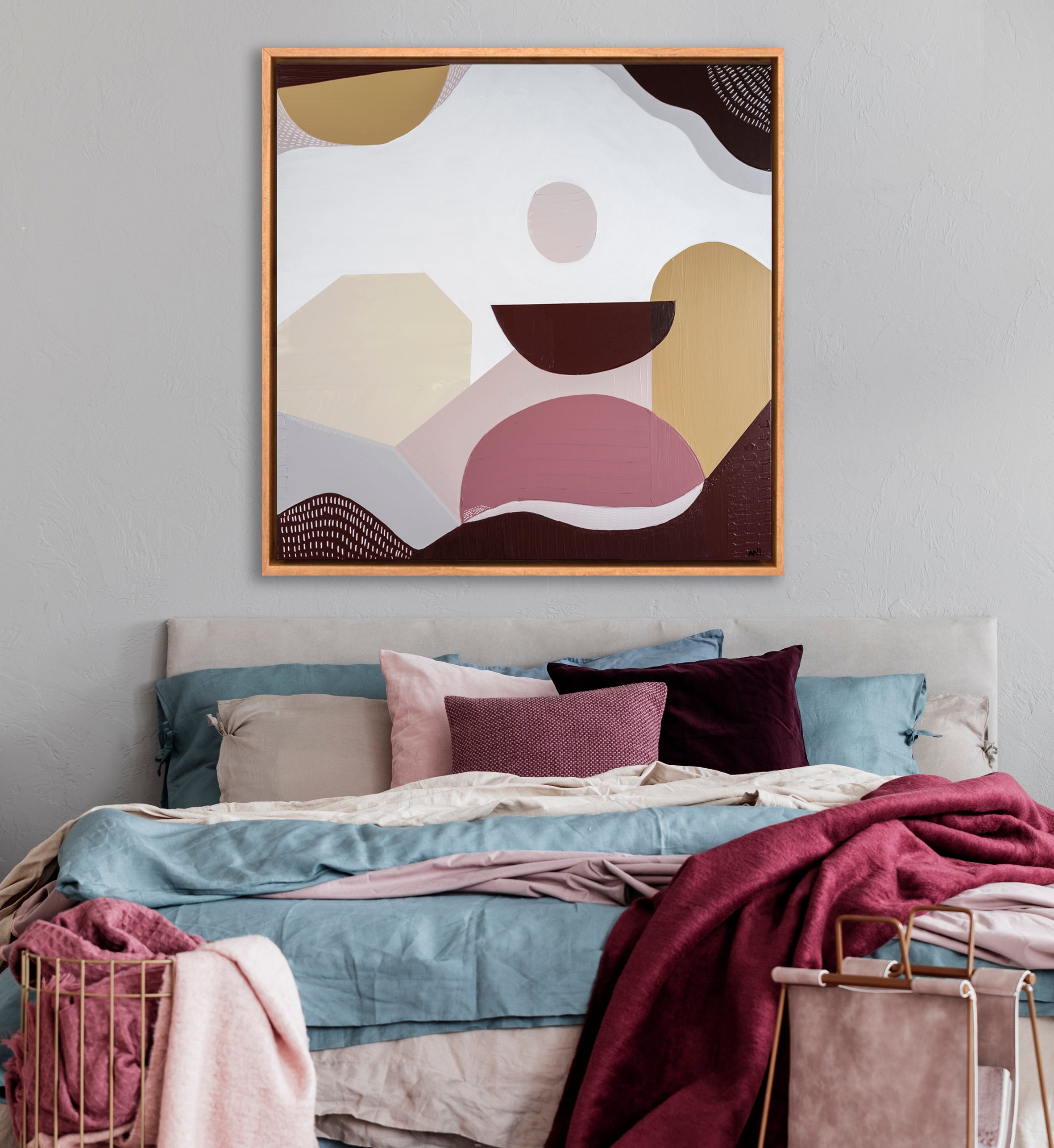 "Mookaite Jasper 1" – Original abstract painting by Australian artist Ani Ipradjian, inspired by the healing energy of Mookaite stone, featuring vibrant red and yellow tones with grounding spiritual symbolism.