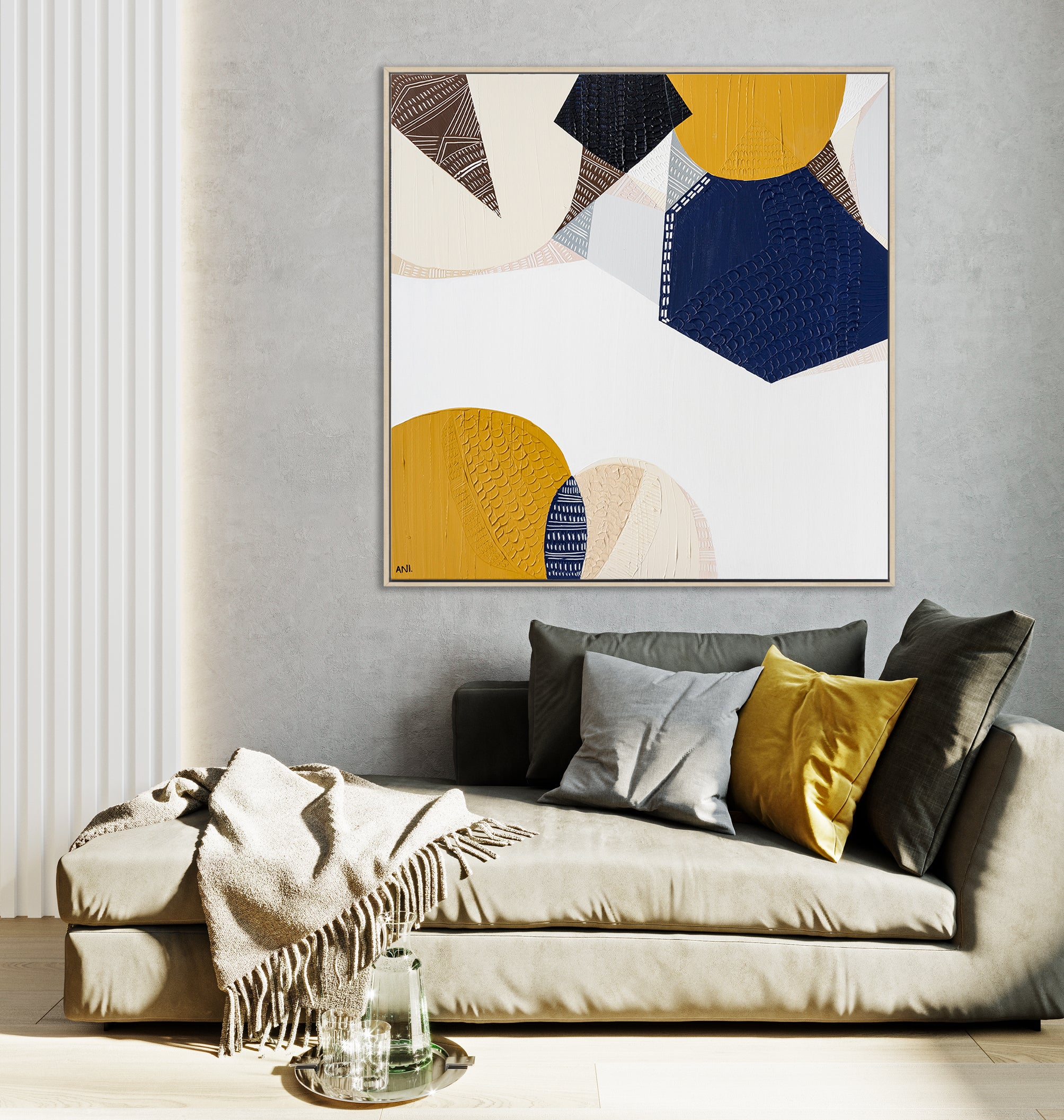 "Outback Australia Love 1" – Original abstract landscape painting by Australian artist Ani Ipradjian, inspired by Australia’s outback terrain and train journeys, featuring mustard tones and ocean blues.