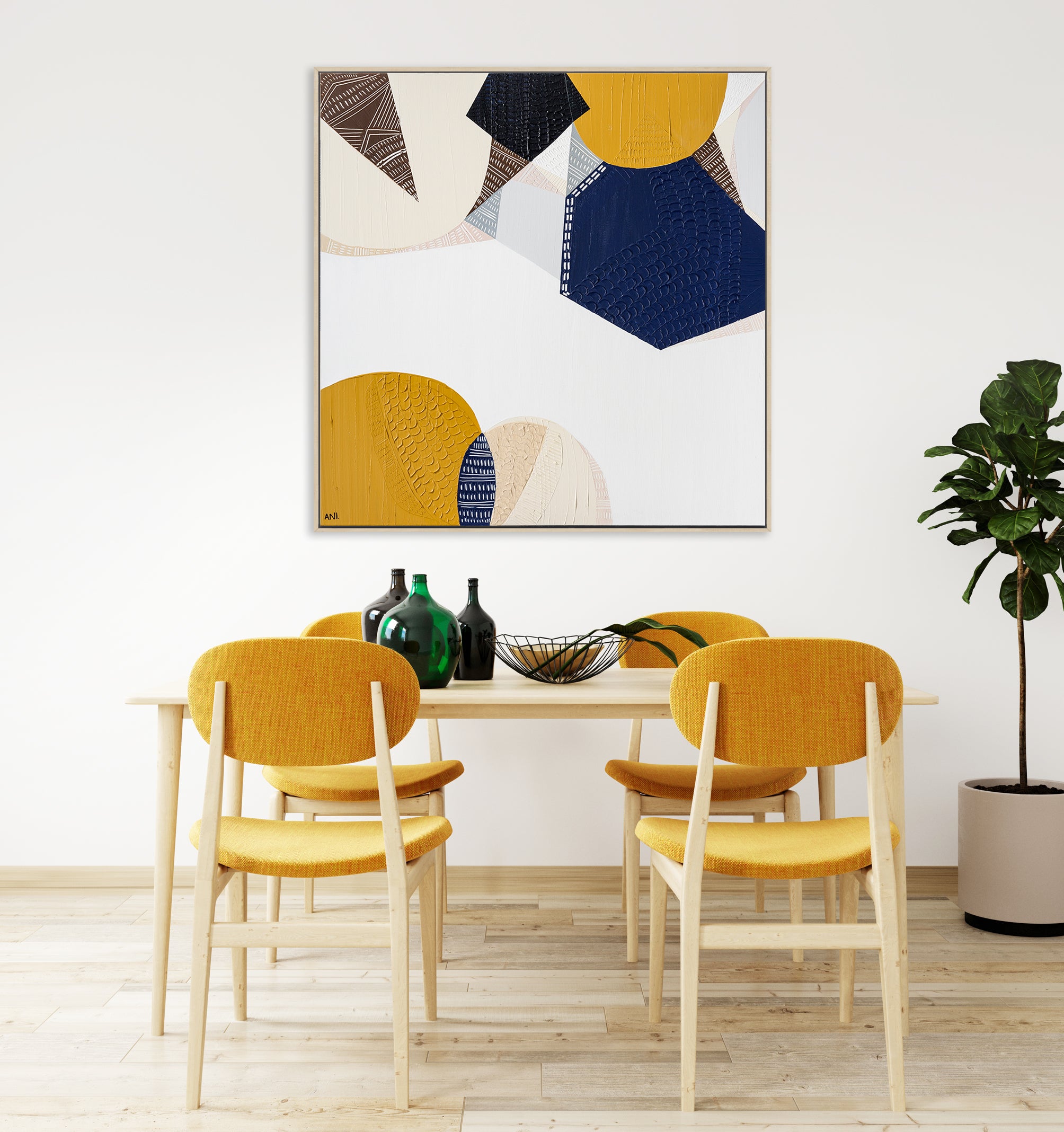 "Outback Australia Love 1" – Original abstract landscape painting by Australian artist Ani Ipradjian, inspired by Australia’s outback terrain and train journeys, featuring mustard tones and ocean blues.