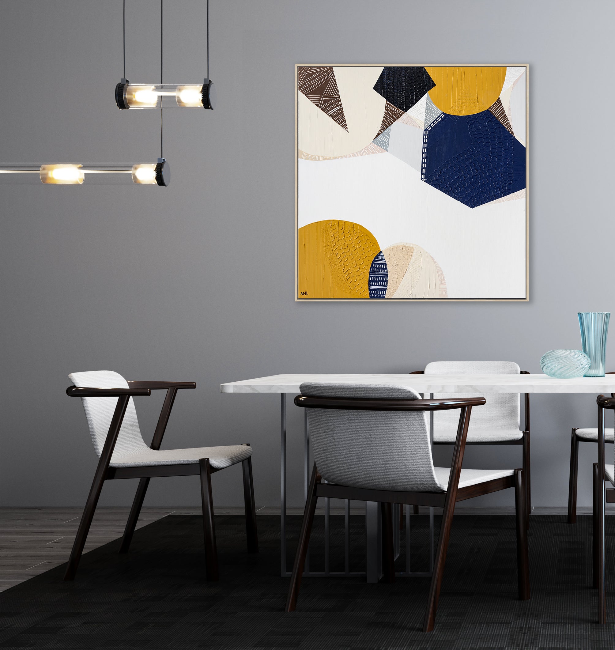 "Outback Australia Love 1" – Original abstract landscape painting by Australian artist Ani Ipradjian, inspired by Australia’s outback terrain and train journeys, featuring mustard tones and ocean blues.