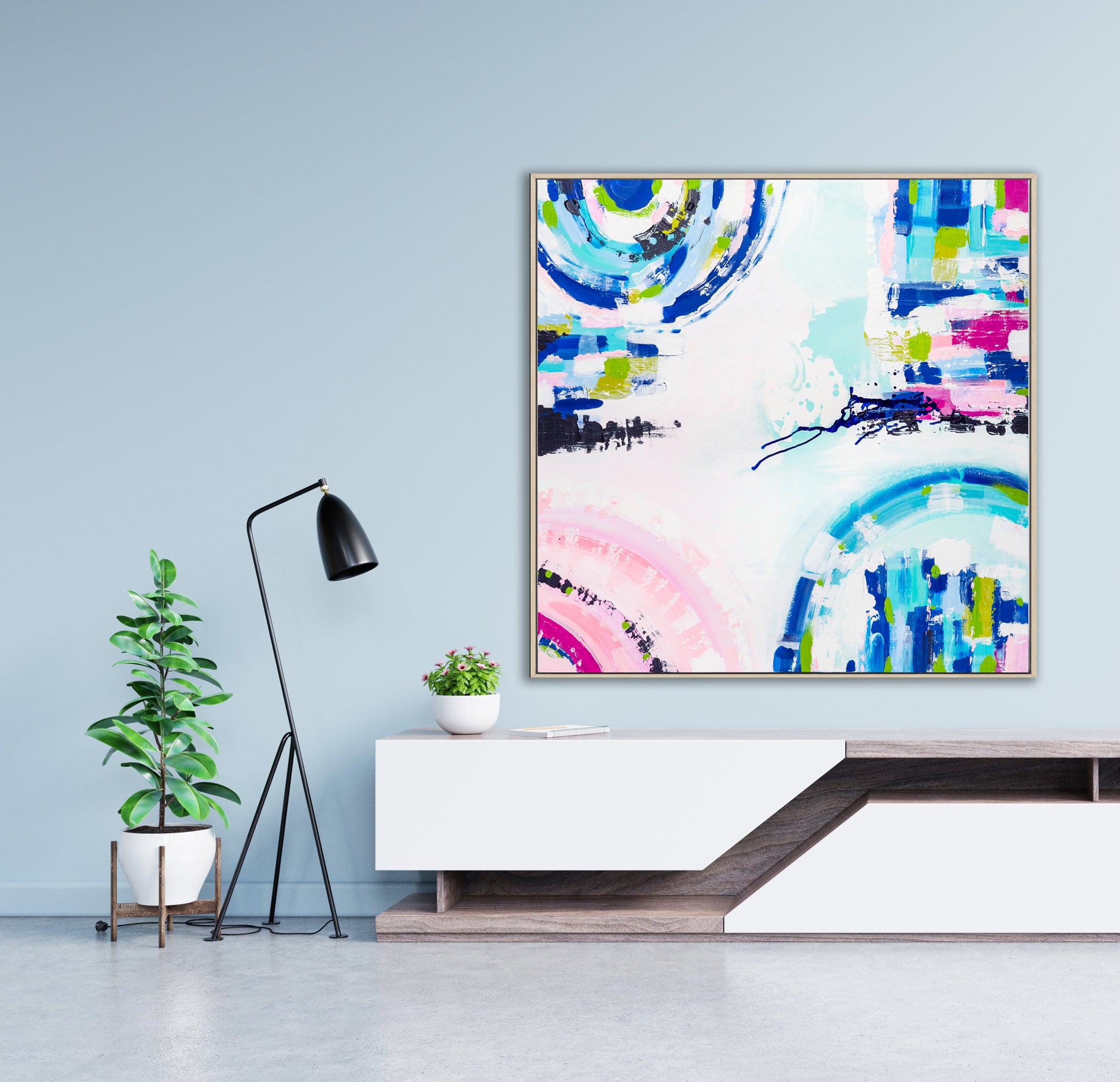 Original abstract painting titled "Port Melbourne Spirit" by Australian artist Ani Ipradjian, depicting the vibrant transition of Melbourne's cityscape to its coastal edge, with dynamic forms and earthy tones capturing the essence of Port Melbourne from dawn to dusk.