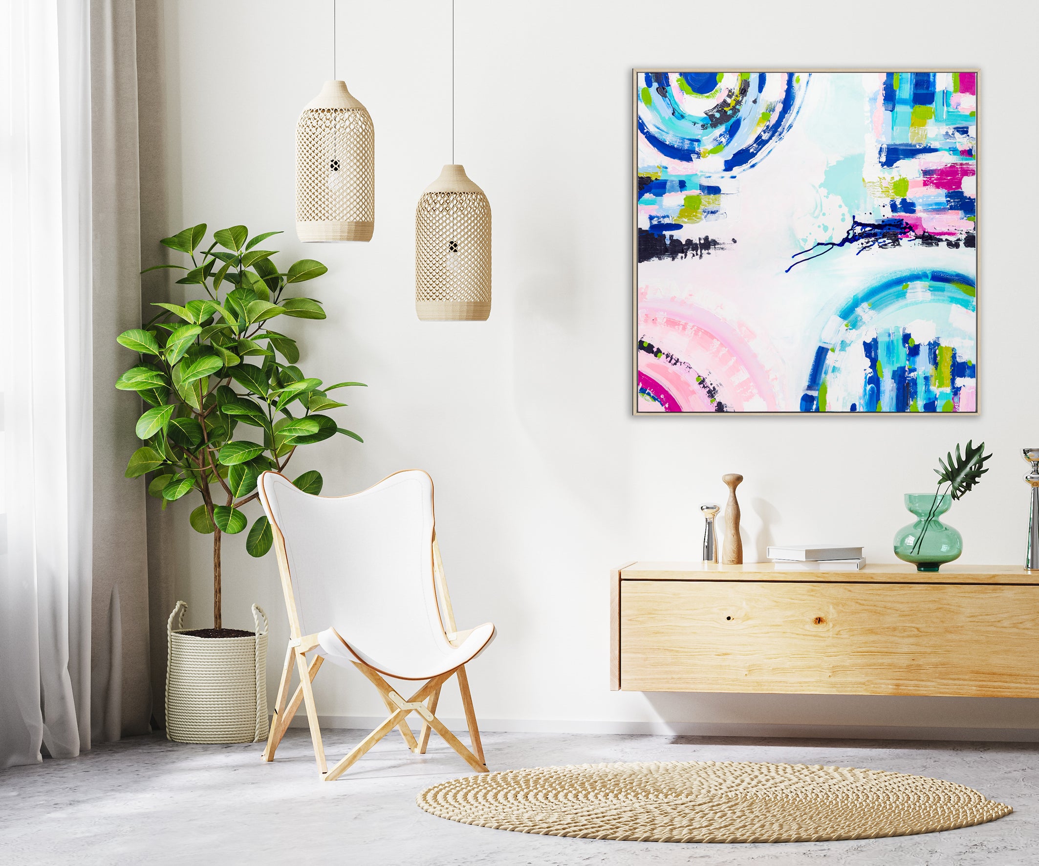 Original abstract painting titled "Port Melbourne Spirit" by Australian artist Ani Ipradjian, depicting the vibrant transition of Melbourne's cityscape to its coastal edge, with dynamic forms and earthy tones capturing the essence of Port Melbourne from dawn to dusk.