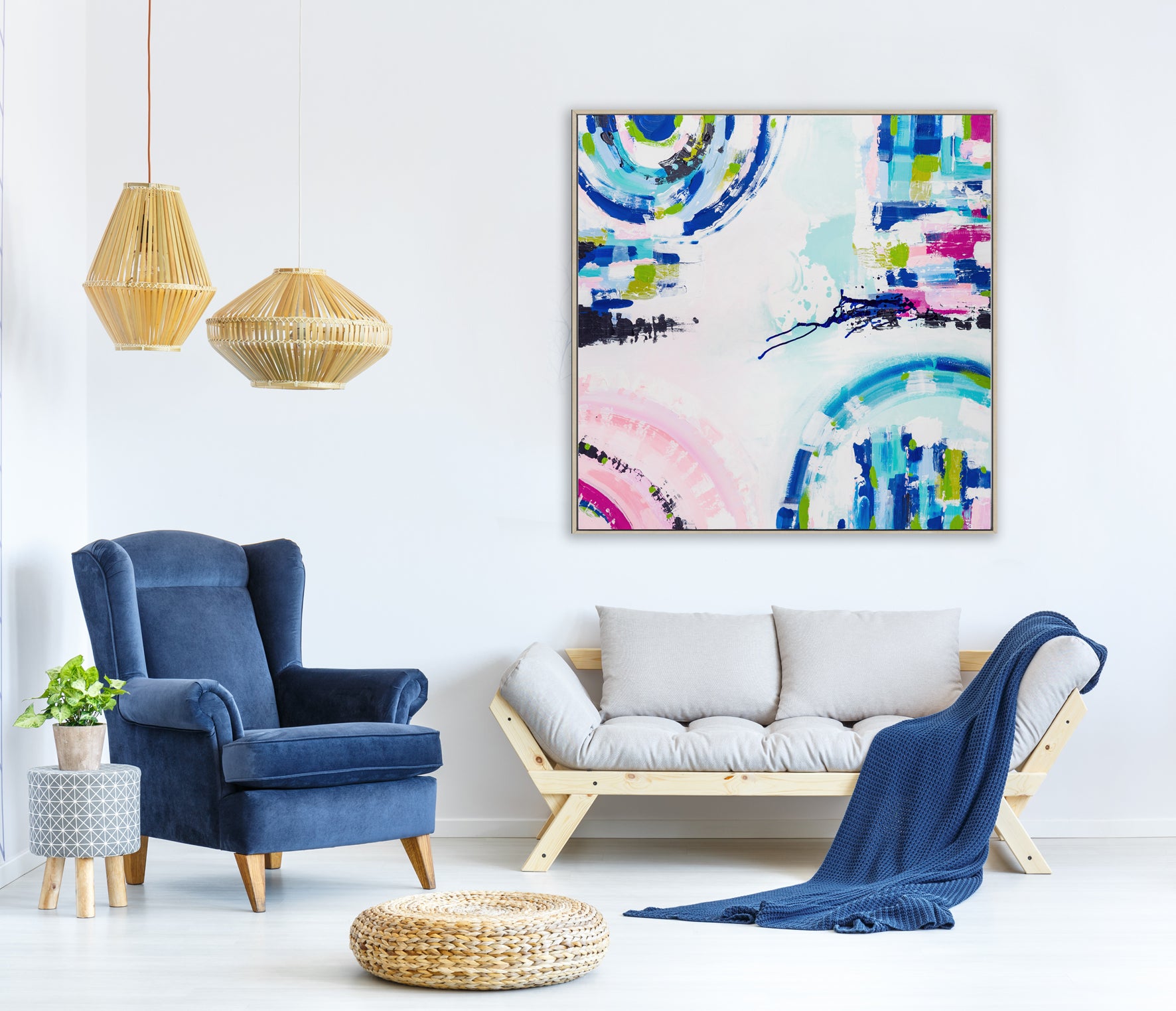 Original abstract painting titled "Port Melbourne Spirit" by Australian artist Ani Ipradjian, depicting the vibrant transition of Melbourne's cityscape to its coastal edge, with dynamic forms and earthy tones capturing the essence of Port Melbourne from dawn to dusk.