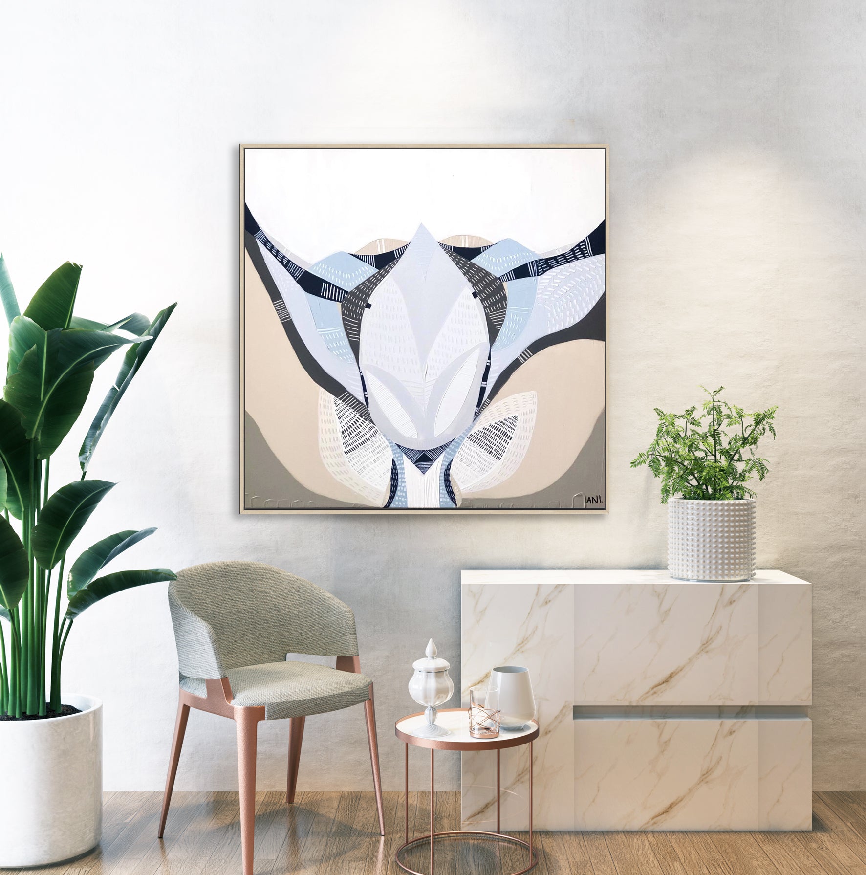 "Protea Under the Sea 1" – Original floral painting by Australian artist Ani Ipradjian, featuring a blooming Protea flower in layered textures symbolizing growth and transformation.