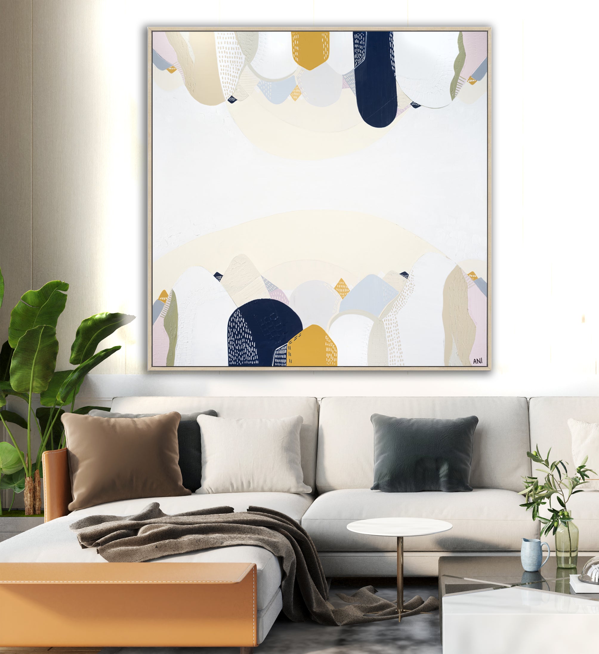 "Abstract landscape print of the Snowy Mountains by Australian artist Ani Ipradjian, inspired by the alpine region in New South Wales. Features cool tones and natural textures representing Australia’s highest mountain range. Ideal for nature lovers, collectors of Australian landscape art, and interior design styling."