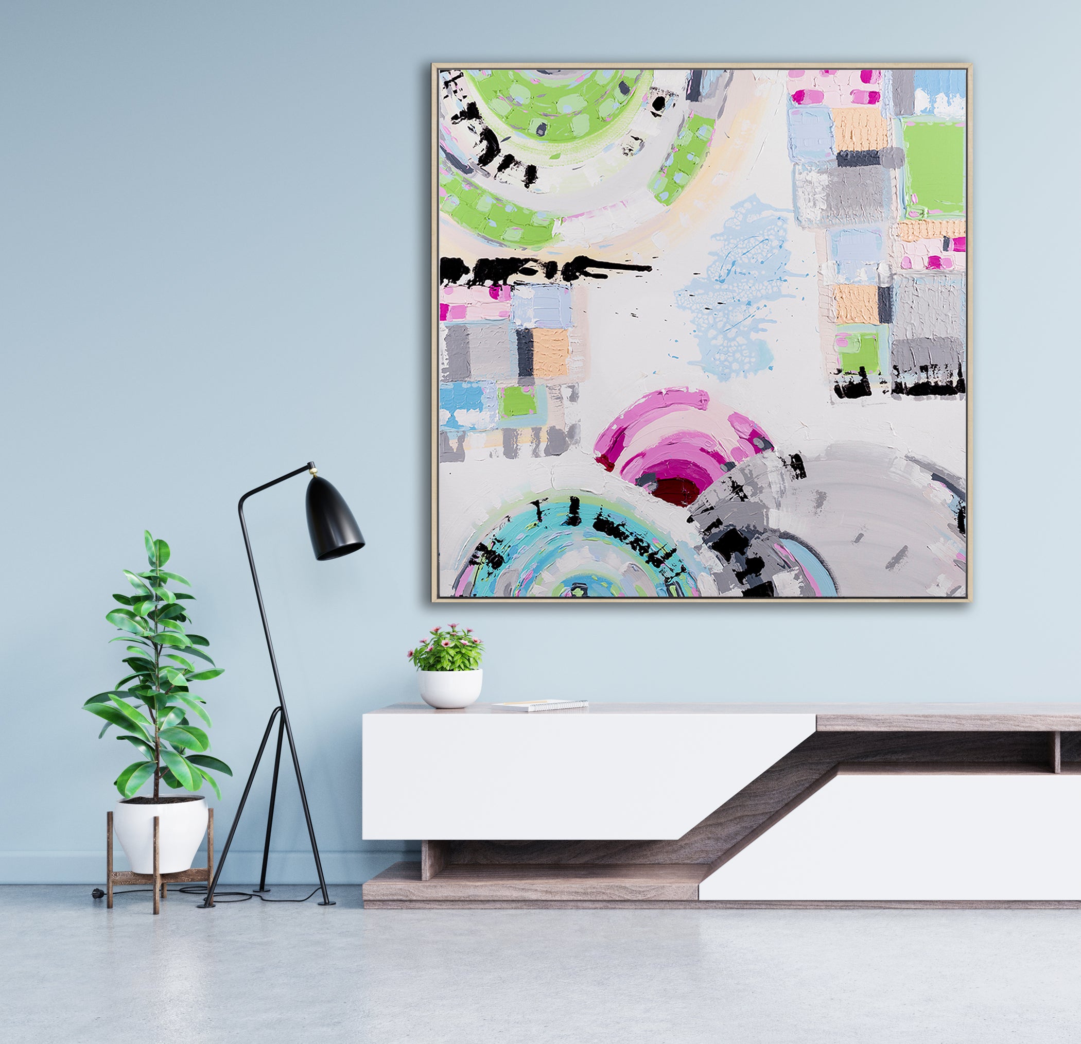 "St Kilda Sky" – Original abstract painting by Australian artist Ani Ipradjian, inspired by Melbourne’s beachside suburb of St Kilda, featuring pastel skies and vibrant coastal energy.